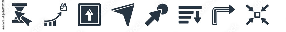 Poster user interface filled icons. glyph vector icons such as uce, turn right arrow, sorting, mouse cursor
