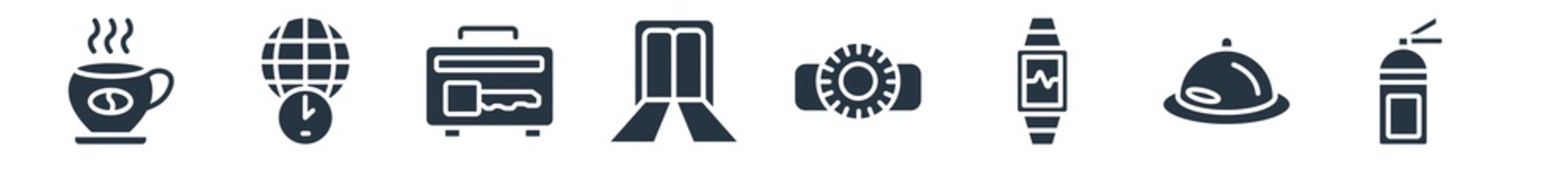 airport terminal filled icons. glyph vector icons such as extinguisher, tray with cover, modern wirstwatch, flight panel, passenger passway, luggage security, time zones sign isolated on white