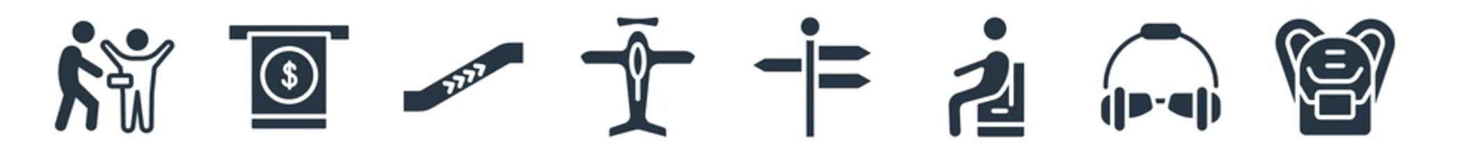 airport terminal filled icons. glyph vector icons such as book bag with pockets, aeroplane pilot glasses, waiting for flight, direction post, old plane, escalator up, dollar bill from cash machine