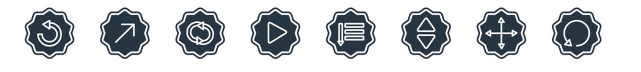 arrows filled icons. glyph vector icons such as curved down left arrow, resize, up and down arrows, sort, play button, spin, diagonal arrow sign isolated on white background.