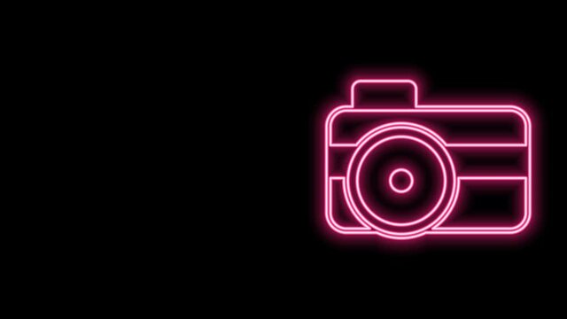 Glowing neon line Photo camera for diver icon isolated on black background. Foto camera icon. Diving underwater equipment. 4K Video motion graphic animation
