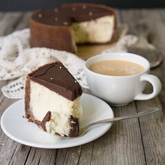 Cheesecake with chocolate and cup of coffee. Slice of classical New York cheesecake poured with chocolate sauce. Rustic style. Close up