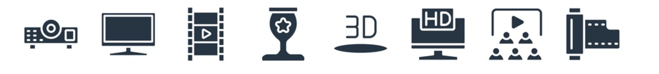 cinema filled icons. glyph vector icons such as camera roll, people watching a movie, 3d television, 3d, trophy with a star, film reel playing, flat tv sign isolated on white background.