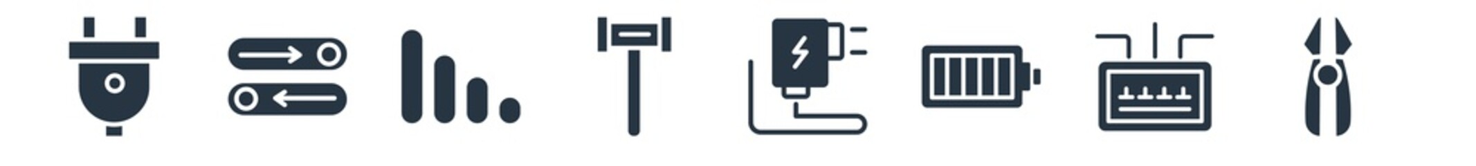 electrian connections filled icons. glyph vector icons such as cutter, fuse box, battery, charger, hammer, full, switch sign isolated on white background.
