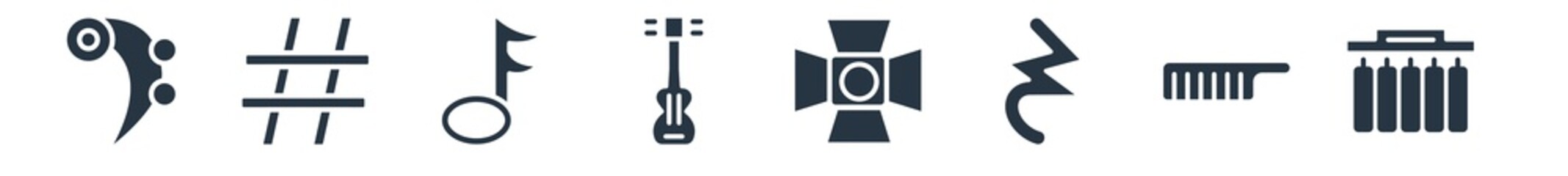 music filled icons. glyph vector icons such as chimes, keytar, quarter note rest, music spotlight, acoustic guitar, sixteenth note, sharp sign isolated on white background.