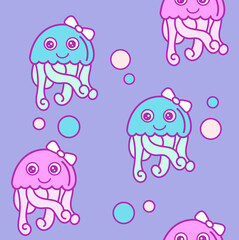 Kids jellyfish illustration. Marine seamless vector pattern