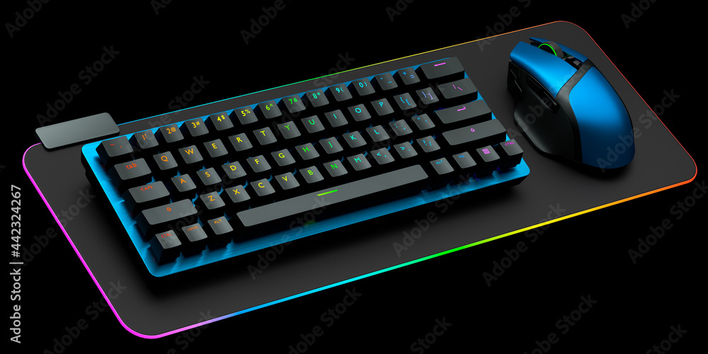 Poster computer keyboard and mouse on professional pad isolated on black background.