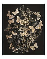 Butterflies and moths fluttering over flowers vintage illustration wall art print and poster design remix from original artwork. © Rawpixel.com