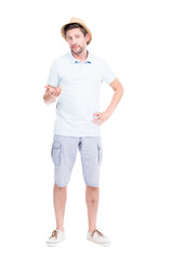 Fototapeta premium Vertical full length studio portrait of handsome bearded Caucasian man wearing summer outfit confused with something, white background
