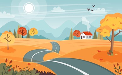 Naklejka premium Autumn road. Landscape with mountains and hills. Vector illustration in flat style