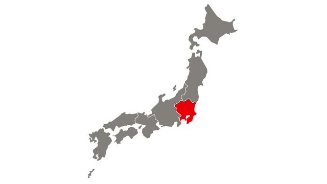 Kanto region blinking red highlighted in map of Japan