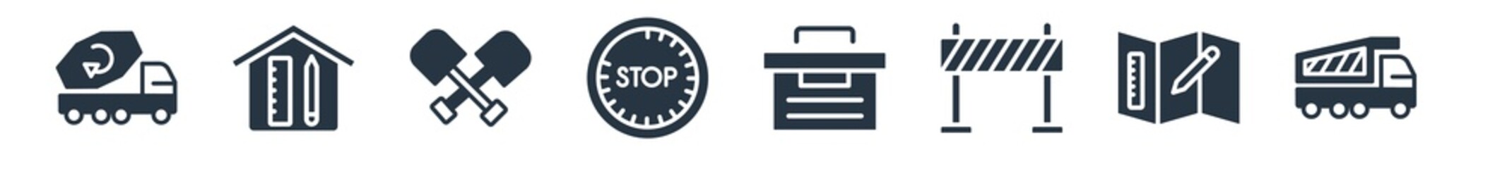 construction filled icons. glyph vector icons such as tipper, measures plan, road barrier, tool bag, stopping, two shovels, interior de sign isolated on white background.