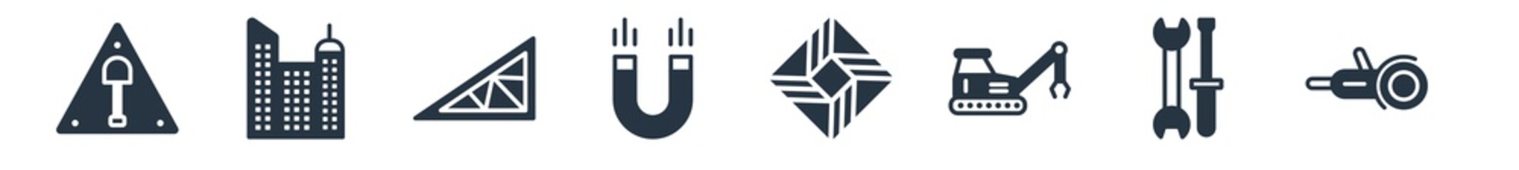 construction filled icons. glyph vector icons such as grinder, screwdriver and doble wrench, derrick with tong, paver, inclined magnet, joist, big building sign isolated on white background.