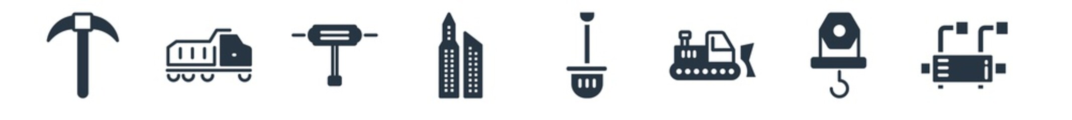 construction filled icons. glyph vector icons such as hex key, pulley hook, bulldozer, big shovel, , hydraulic breaker, dump truck sign isolated on white background.