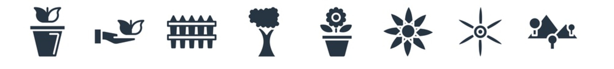 nature filled icons. glyph vector icons such as mountains with trees, flower of six petals from japan, ikebana flowers, daisy on pot, tree with big foliage, picket fence, cultivation sign isolated