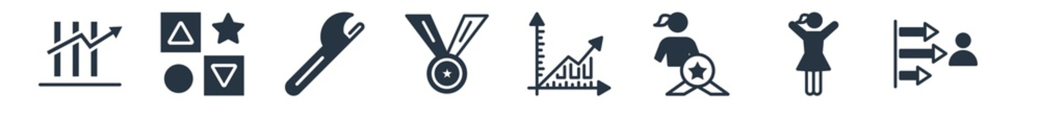 seo and web filled icons. glyph vector icons such as polling, woman success, woman certification, data analytics line graphic, winner medal, adjustable spanner, differentiation sign isolated on