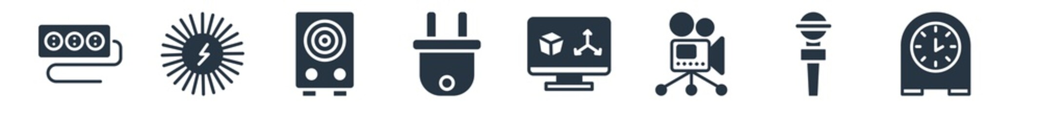 technology filled icons. glyph vector icons such as kitchen timer, mic with long cable, cinema projector, 3d printing software, plugs, music player big speaker, sun energy sign isolated on white