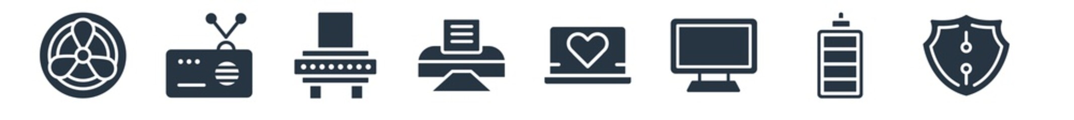 technology filled icons. glyph vector icons such as shields, null, screen blank, laptop with a heart, printer tool, customs, radio with antenna sign isolated on white background.