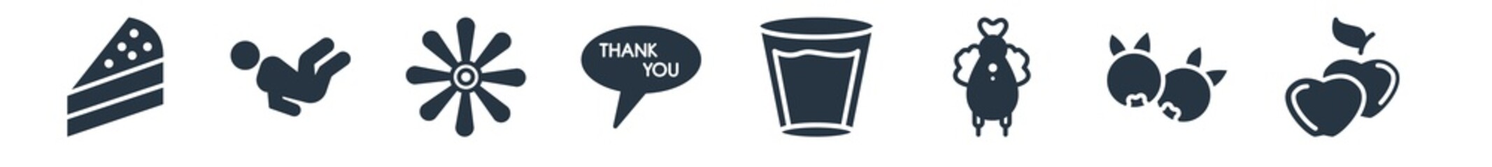 thanksgiving filled icons. glyph vector icons such as apples, berries, turkey, glass of water, thank you, chrysanthemum, fall sign isolated on white background.