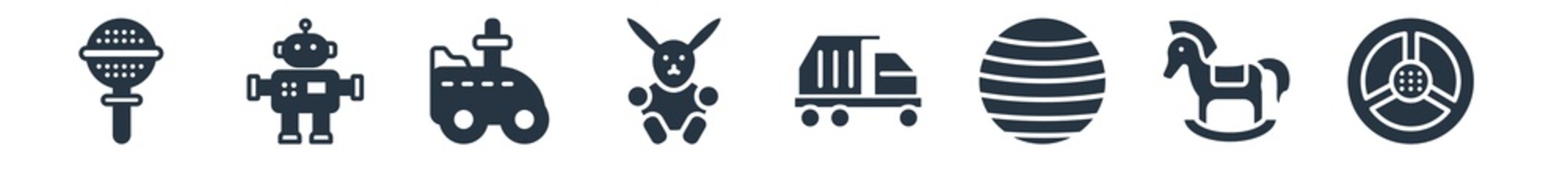 toys filled icons. glyph vector icons such as steering wheel toy, rocking horse toy, beach ball toy, dump truck bunny ride on robot sign isolated on white background.