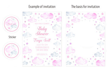 Pink clouds and stars invitation card layout watercolor. Dream, sky, flight. Cute baby sleeping, scandinavian. Girl invitation. Baby shower, birthday card. Welcome Baby; Hello Girl.