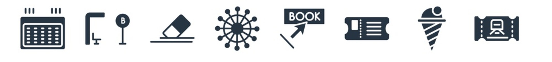 travel filled icons. glyph vector icons such as train ticket, icecream, boarding pass, booking, rudder, rubber, bus stop sign isolated on white background.