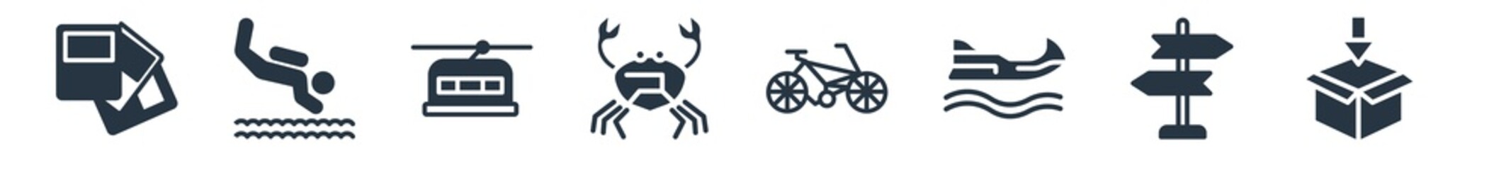 travel filled icons. glyph vector icons such as packing, , water craft, bike, crab, cable car, scuba diving sign isolated on white background.