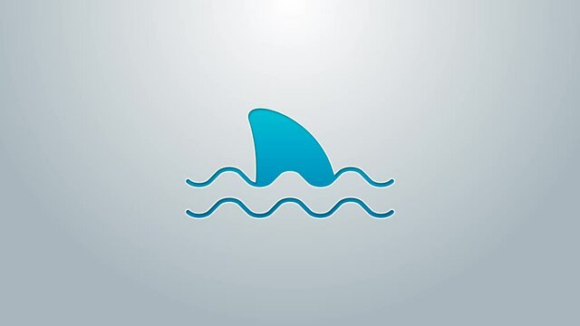 Blue line Shark fin in ocean wave icon isolated on grey background. 4K Video motion graphic animation