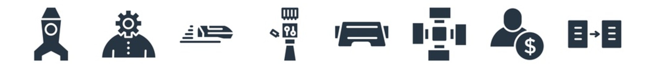 artificial intelligence filled icons. glyph vector icons such as data transfer, shop assistant, nano sensor, oculus rift, bionic arm, high speed tube, business sign isolated on white background.