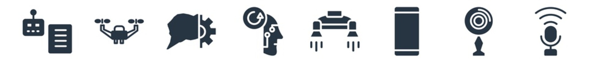 artificial intellegence filled icons. glyph vector icons such as voice recognition, ar camera, smartphone, flyboard, deformity, unsupervised learning, unmanned aerial vehicle sign isolated on white