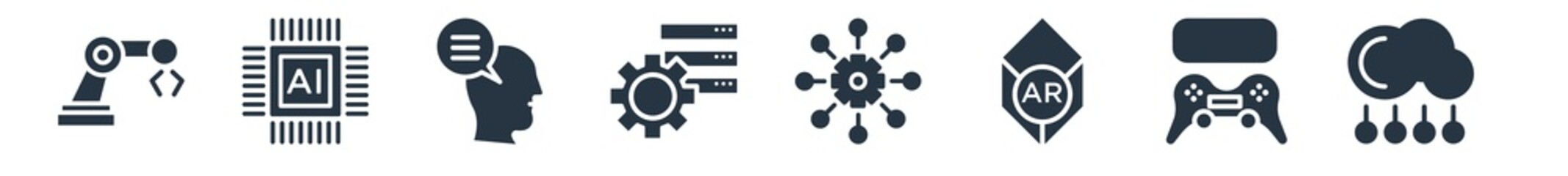 artificial intelligence filled icons. glyph vector icons such as cloud computing, remote control, ar, network, efficiency, thought, artificial intelligence sign isolated on white background.