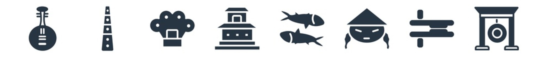 asian filled icons. glyph vector icons such as gong, tonfa, china, underwater, temple of heaven, knuckles, dizi sign isolated on white background.