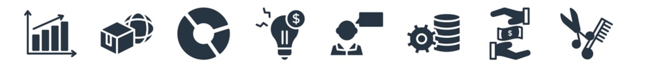 business filled icons. glyph vector icons such as hair salon, safe money, business, man talking, ideas to earn money, pie chart statistics, logistic sign isolated on white background. © Premium Art