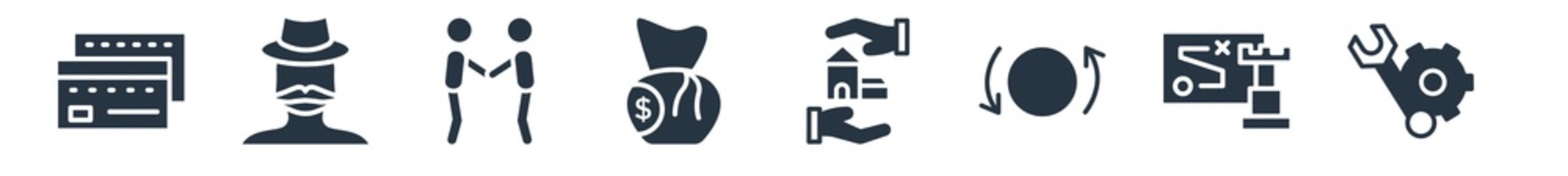 business filled icons. glyph vector icons such as tool button, strategic, currency exchange, home insurance, money sack, cooperate, fat man with hat and moustache sign isolated on white background.