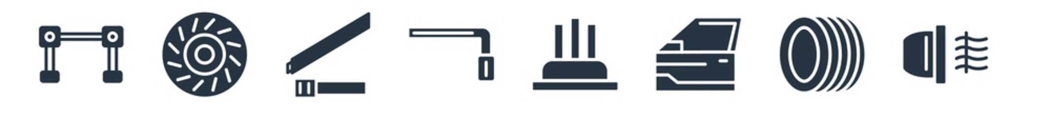 car parts filled icons. glyph vector icons such as car fog lamp, car trim, door, distributor cap, wheel brace, seat belt or safety belt, clutch sign isolated on white background.