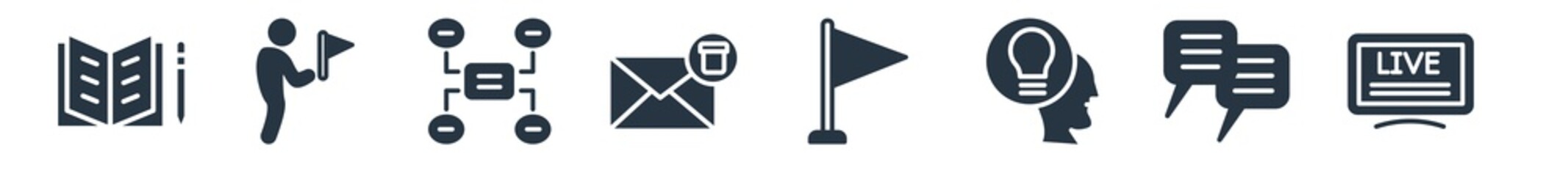 communications filled icons. glyph vector icons such as live news report, chat message, theory, flag waving, delete email, constructivism, waving flag sign isolated on white background.