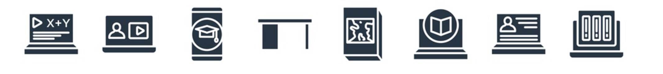 e learning and education filled icons. glyph vector icons such as online library, instructor, e learning, geography, teacher desk, mobile learning, online training sign isolated on white background.