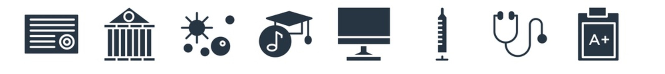 education filled icons. glyph vector icons such as clipboard with a+, cardiology tool, syringe, desktop computer, graduation's music, solar system, bank sign isolated on white background.