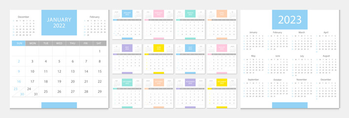 Calendar 2022 week start Sunday corporate design template vector.
