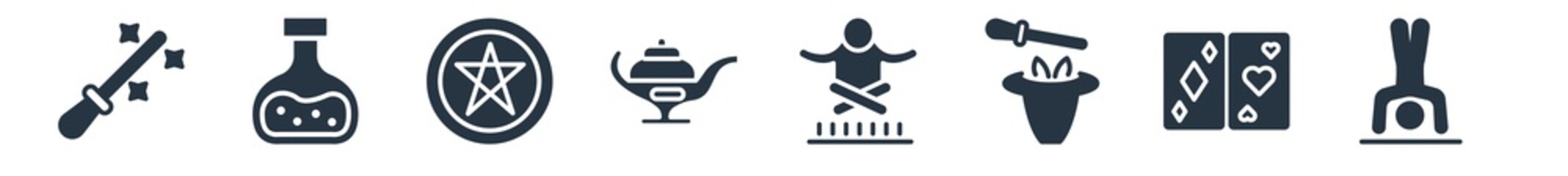 magic filled icons. glyph vector icons such as acrobatic, playing cards, trick, levitation, magic lamp, ritual, potion sign isolated on white background.