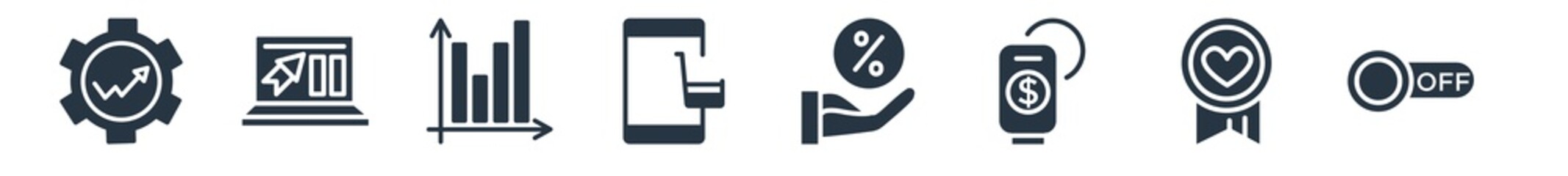 marketing filled icons. glyph vector icons such as off, appreciation, sales, commission, web shop, fluctuation, web cursor sign isolated on white background.