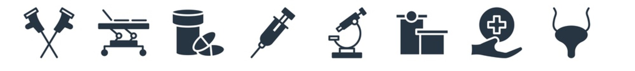 medical filled icons. glyph vector icons such as bladder, hospital medicalal of a cross in a circle, hospital building front, microscope tool, syringe with medicine, medical pill, table of