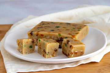 Fruit halva. Halva on wooden background. Turkish halvah for Turkish Breakfast. Local name meyveli yaz helvası