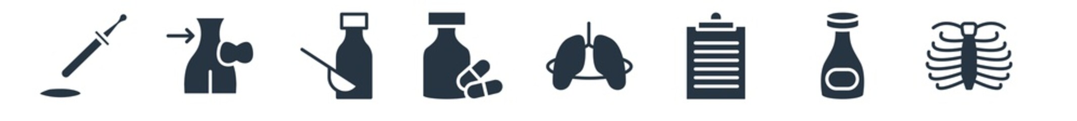 medical filled icons. glyph vector icons such as sternum, poison bottle with a skull, lifeline of heartbeats on a paper on a clipboard, breath control, pills jar, syrup medicine bottle, null sign