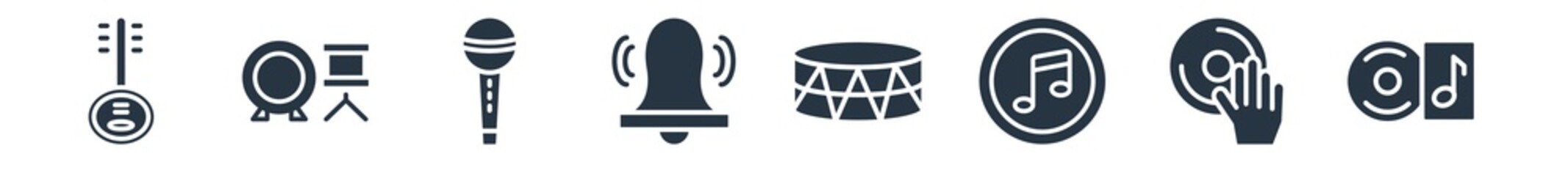 music filled icons. glyph vector icons such as long play record cover, dj hand motion, music note black, old drum, alarming bell, microphone for singers, drummer set sign isolated on white