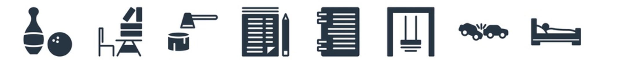 other filled icons. glyph vector icons such as sleeping bed, bump car, swing game, notepad sheet, paper list and a pencil, wood cutter, studying zone sign isolated on white background.