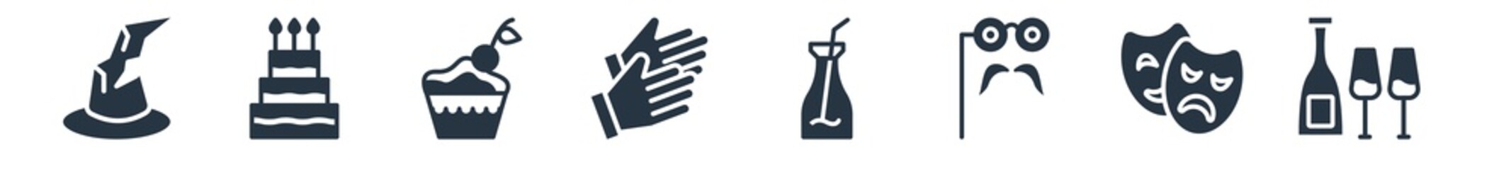 party filled icons. glyph vector icons such as bottle and two glasses, theatre masks, mustache with glasses, juice bottle with straw, claping hands, cupcake with big cherry, birthday cake sign