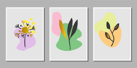 Gold Botanical wall art. Foliage leaves dandelion drawing with abstract shape. Plant Art design for print, cover, wallpaper, social media, Minimal and natural wall art. earth tone boho vector