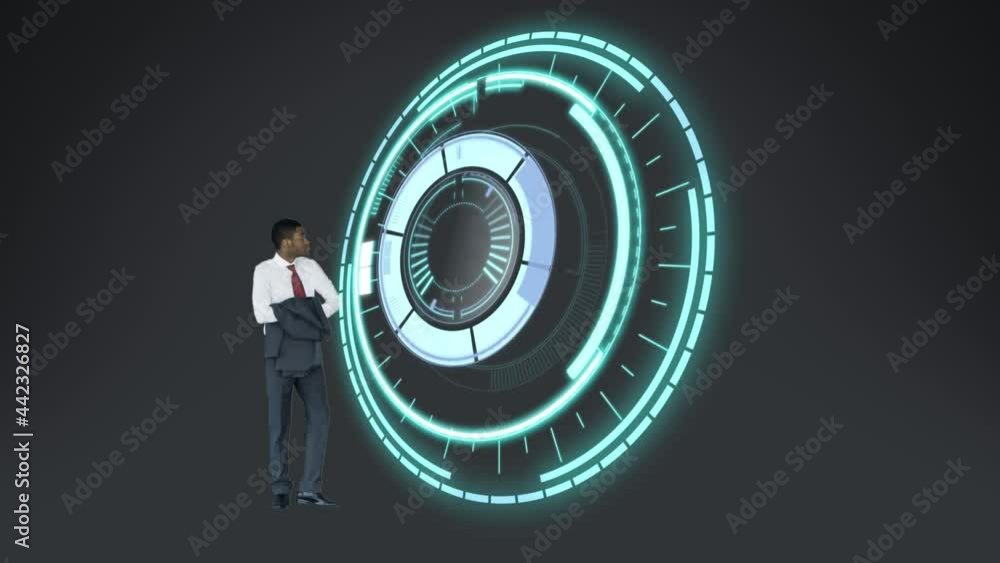 Poster animation of scope scanning and businessman isolated on grey background