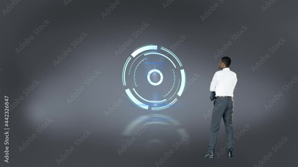 Poster animation of scope scanning over businessman with copy space on grey background